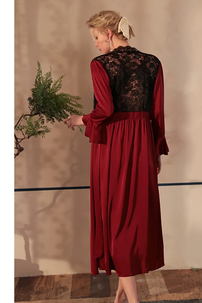 Back view of women sexy nightgowns in red featuring lace back panel and soft flowing fabric