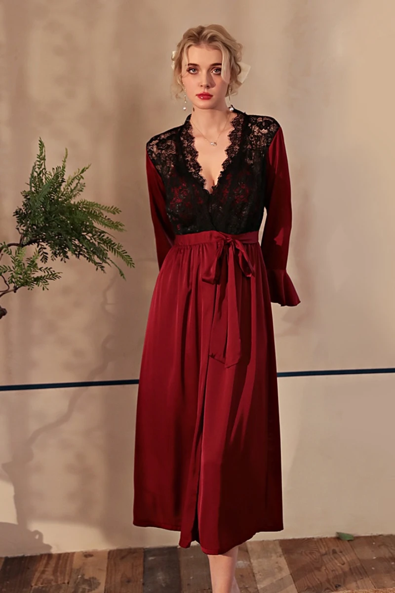 Model wearing women sexy nightgowns in red with lace V-neck detail, waist tie, and flowing skirt