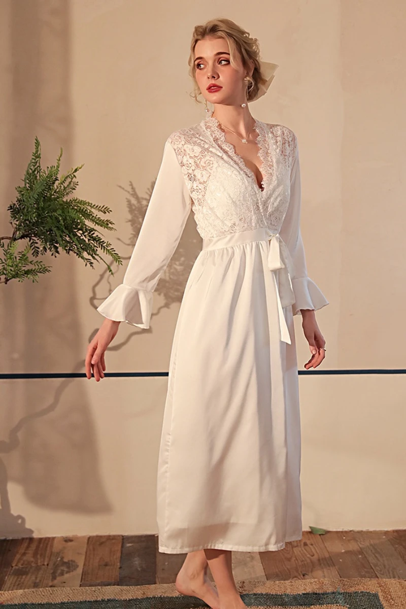 Model in white women sexy nightgowns with lace bodice, long sleeves, and elegant flowing silhouette