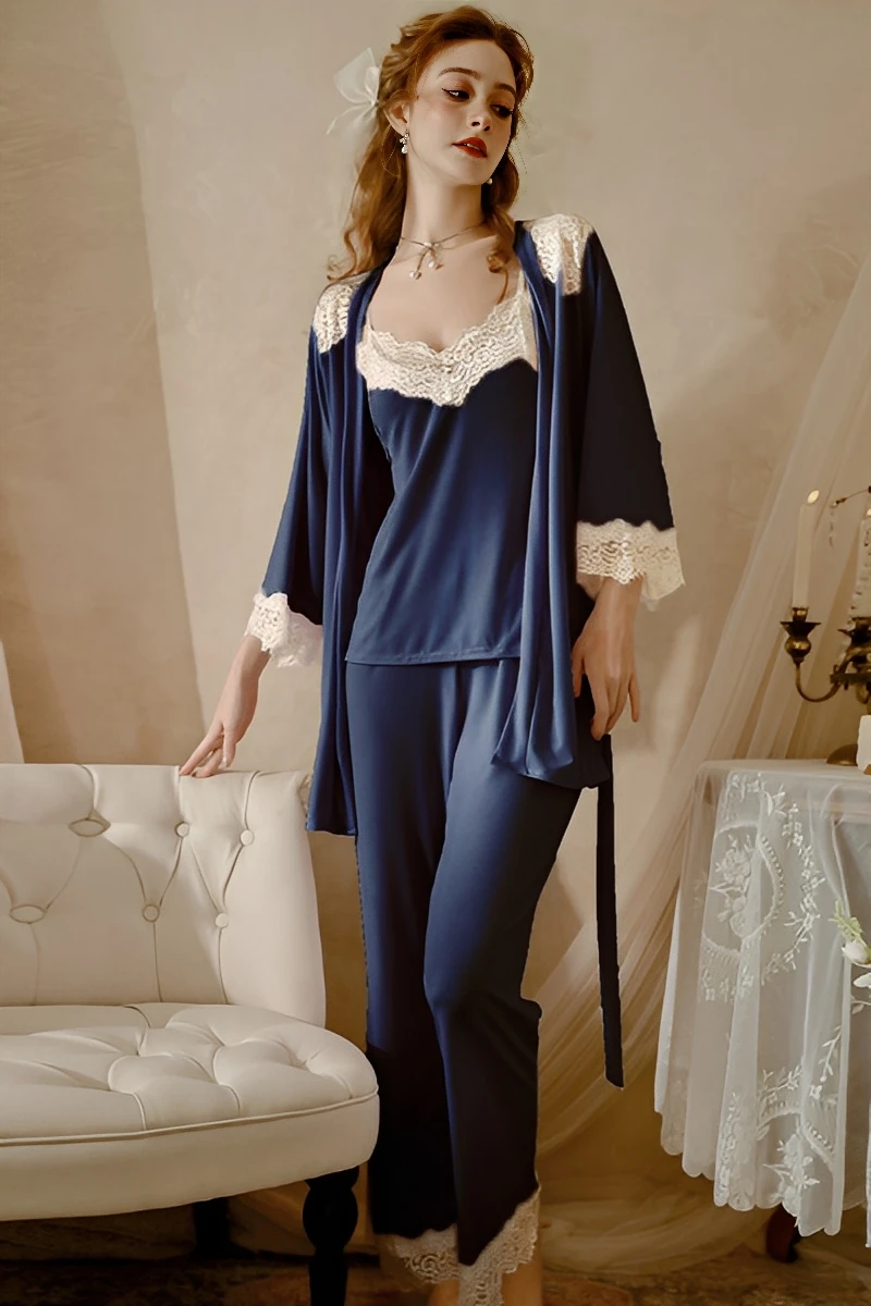 Model in navy blue b2b Floral Lace Sexy Nightgown featuring floral lace trim and coordinated robe in a refined bedroom scene