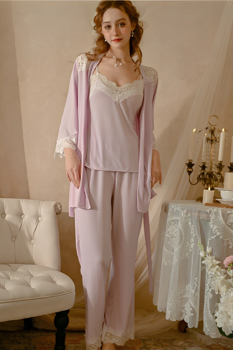 Model wearing a lavender b2b Floral Lace Sexy Nightgown with delicate floral lace trim and matching robe in an elegant indoor setting