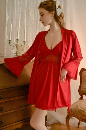 Model wearing a red lace b2b Sexy Nightgown for Honeymoon featuring a deep V neckline and flowing robe in a romantic bedroom setting