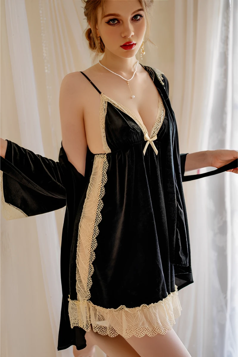 Classic black b2b Sexy Nightgown with Robe featuring contrast lace trim, deep V neckline, and matching robe.