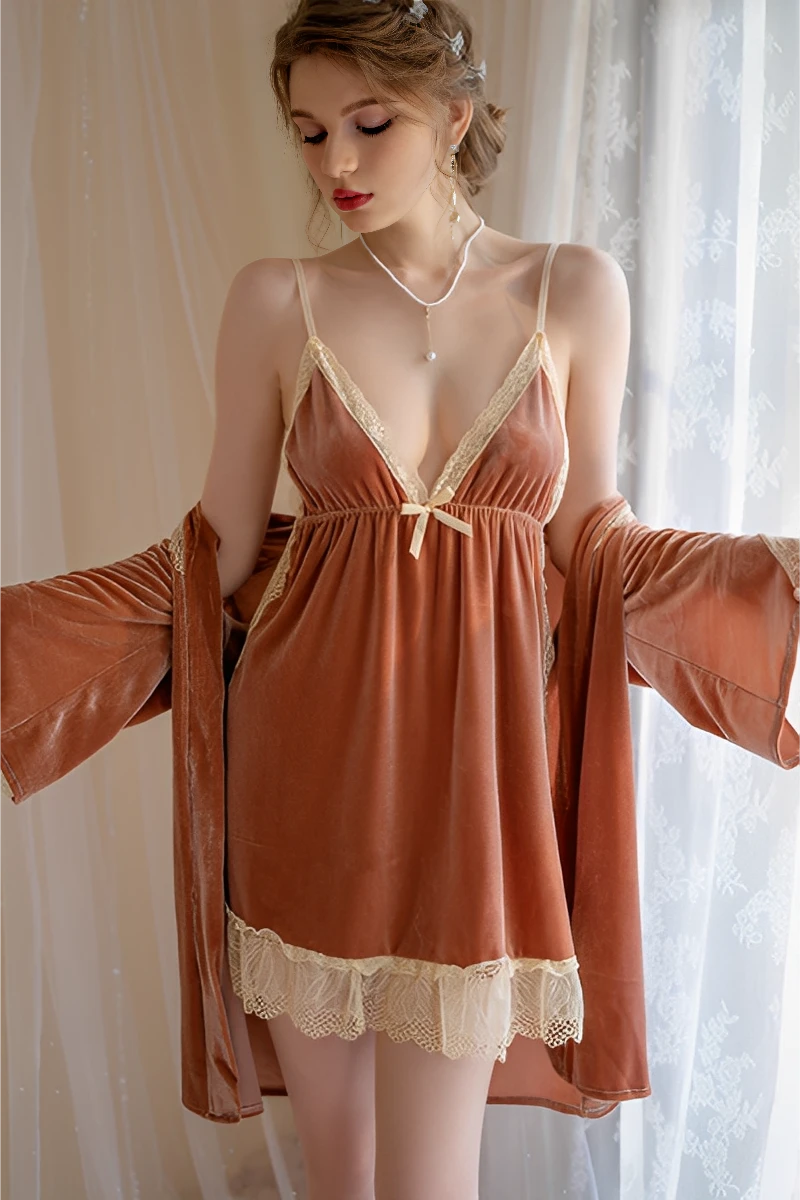 Model showcasing a b2b Sexy Nightgown with Robe in warm khaki with lace edging and soft velvet-like texture.