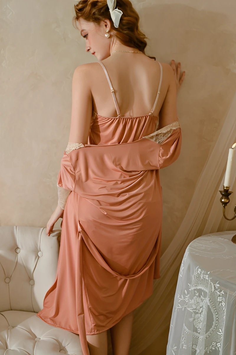 Back view of a b2b Sexy Nightgown with Slit showing adjustable shoulder straps, smooth drape, and elegant lace accents.