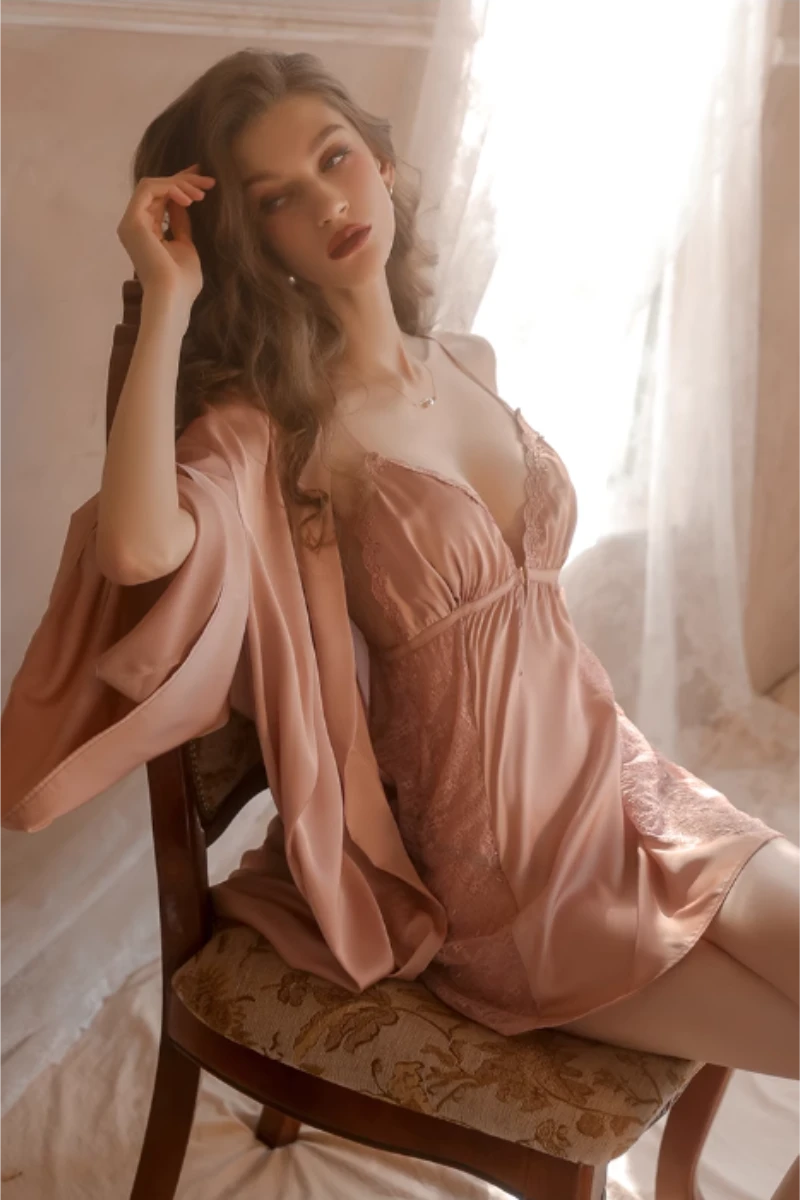 Blush pink lace babydoll nightwear with robe, designed for b2b nightgowns sexy wholesale use.