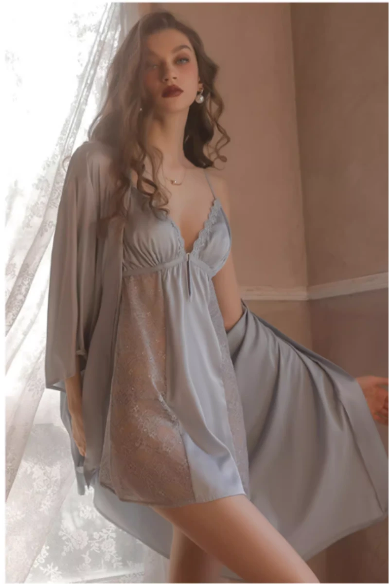Soft gray sheer lace slip nightdress with robe, marketed as b2b nightgowns sexy.