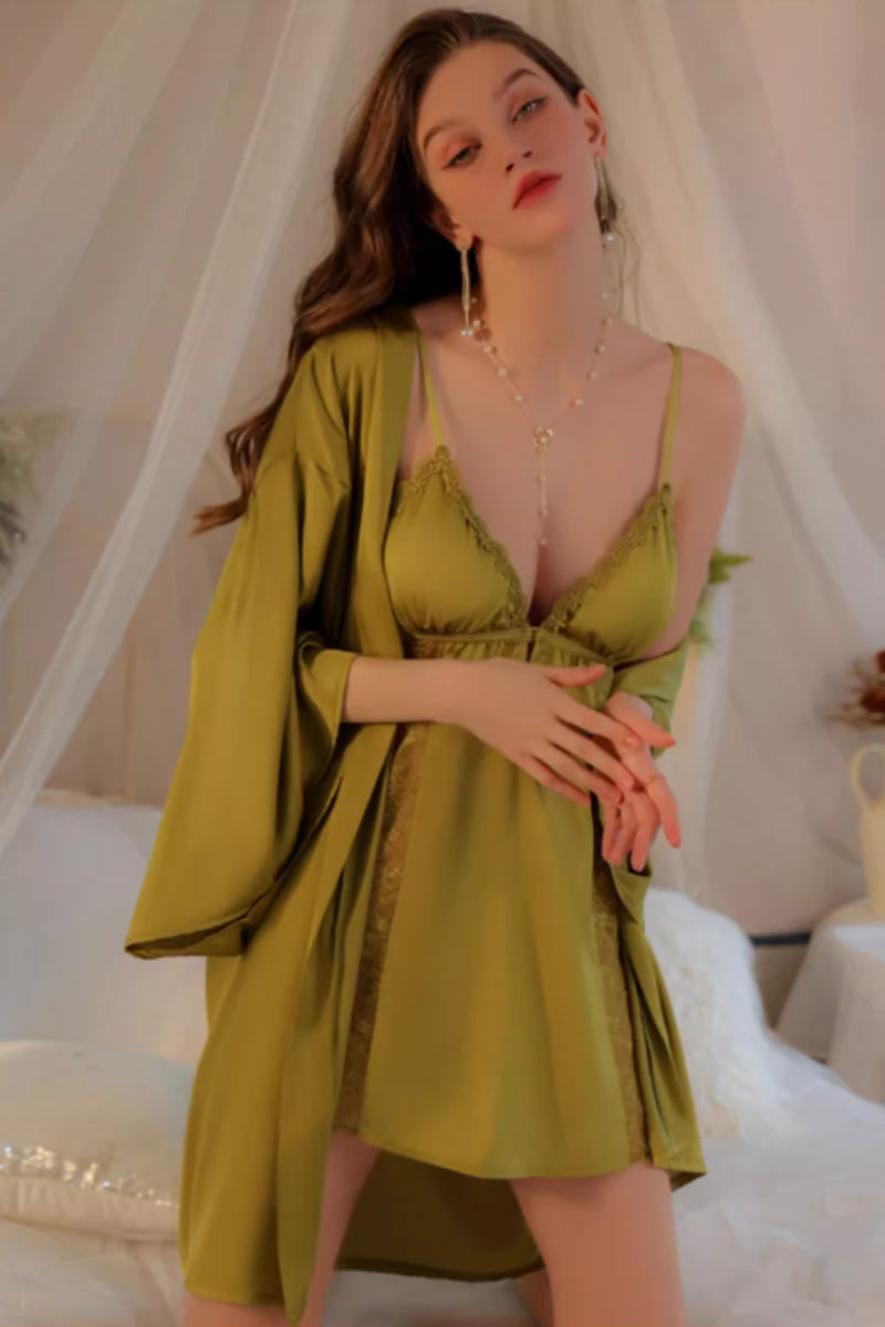 Green lace babydoll nightgown and robe set, created for b2b nightgowns sexy wholesale supply.