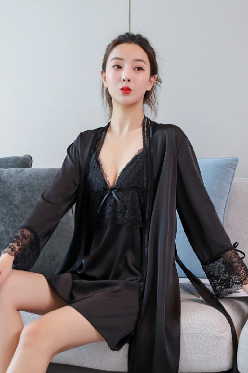 b2b sexy nightgown women dressed in black lace nightgown with sheer robe and lace cuffs