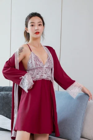 b2b sexy nightgown women wearing wine red lace nightgown and robe set for evening wear