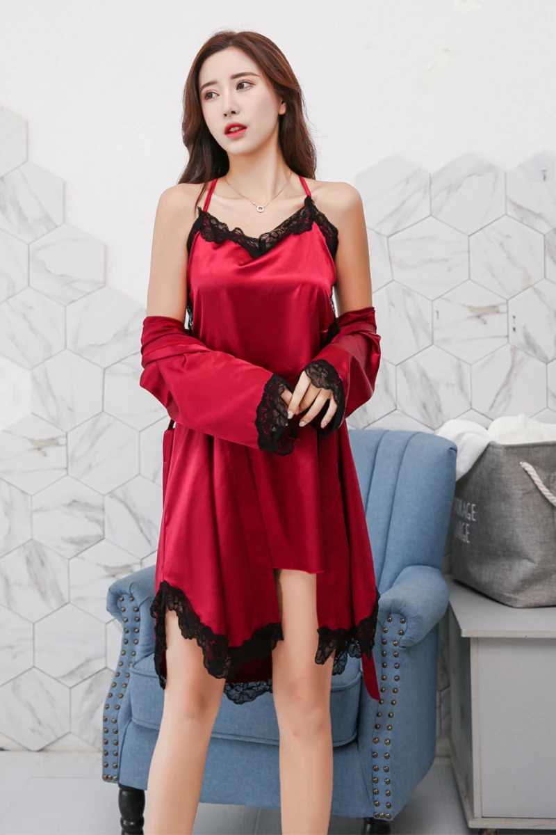 Red satin nightgown with lace neckline and matching robe, presented as b2b sexy nightgowns for women for retail distribution