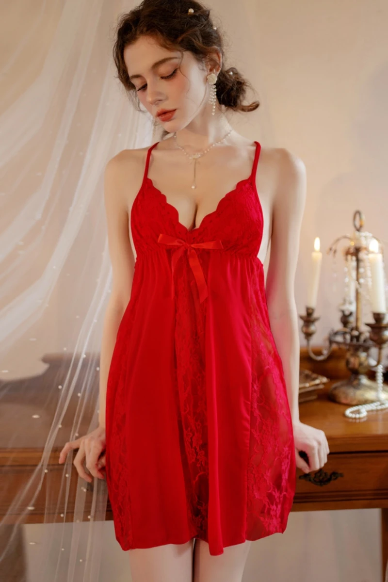 Red lace babydoll pajama with scalloped neckline and soft drape, b2b women's sexy solid color lace pajamas.