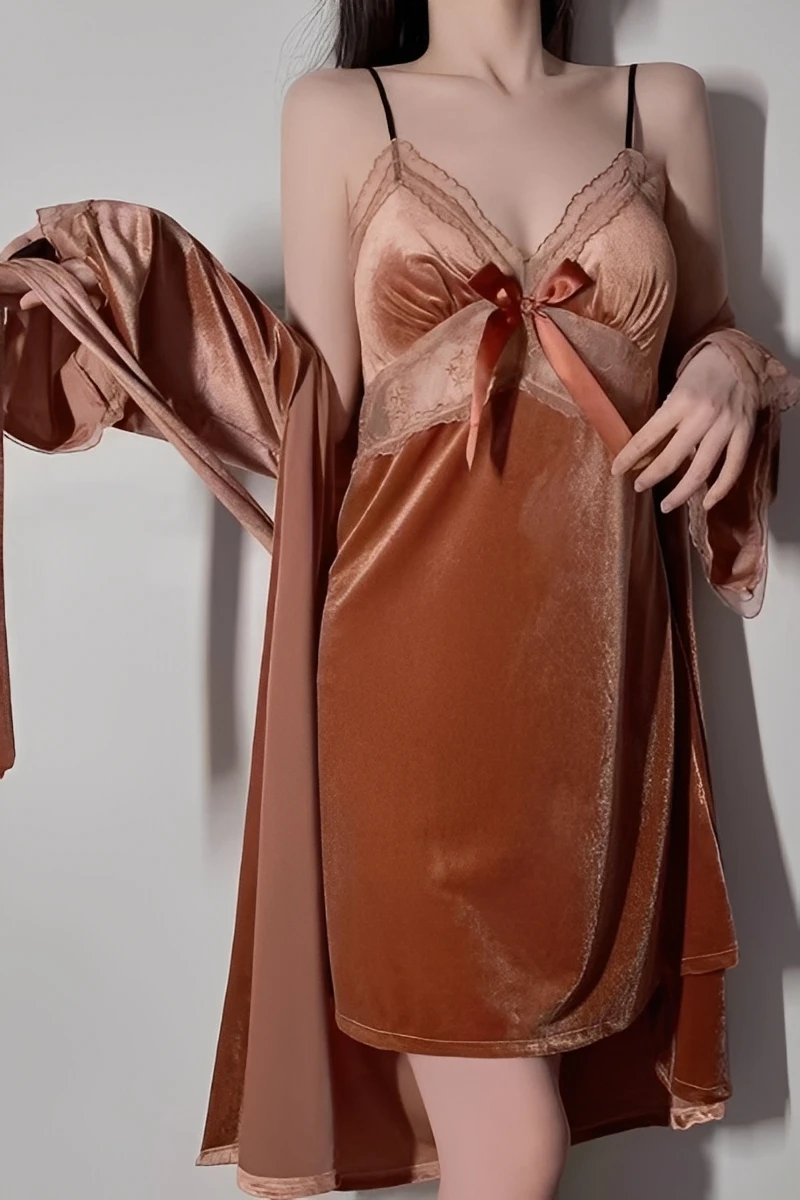 Gold velvet bulk Backless Sexy Nightgown with lace trim, thin straps, ribbon front, and soft draped robe.