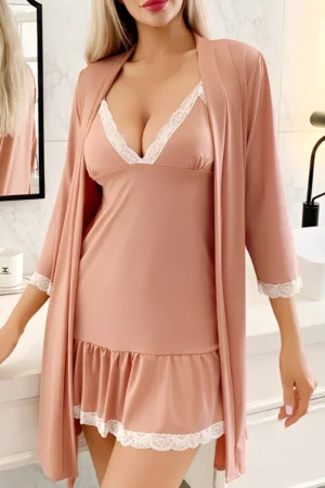 Model wearing a blush pink bulk Sexy Nightgown with Slit featuring lace V-neck and matching robe for B2B lingerie supply.